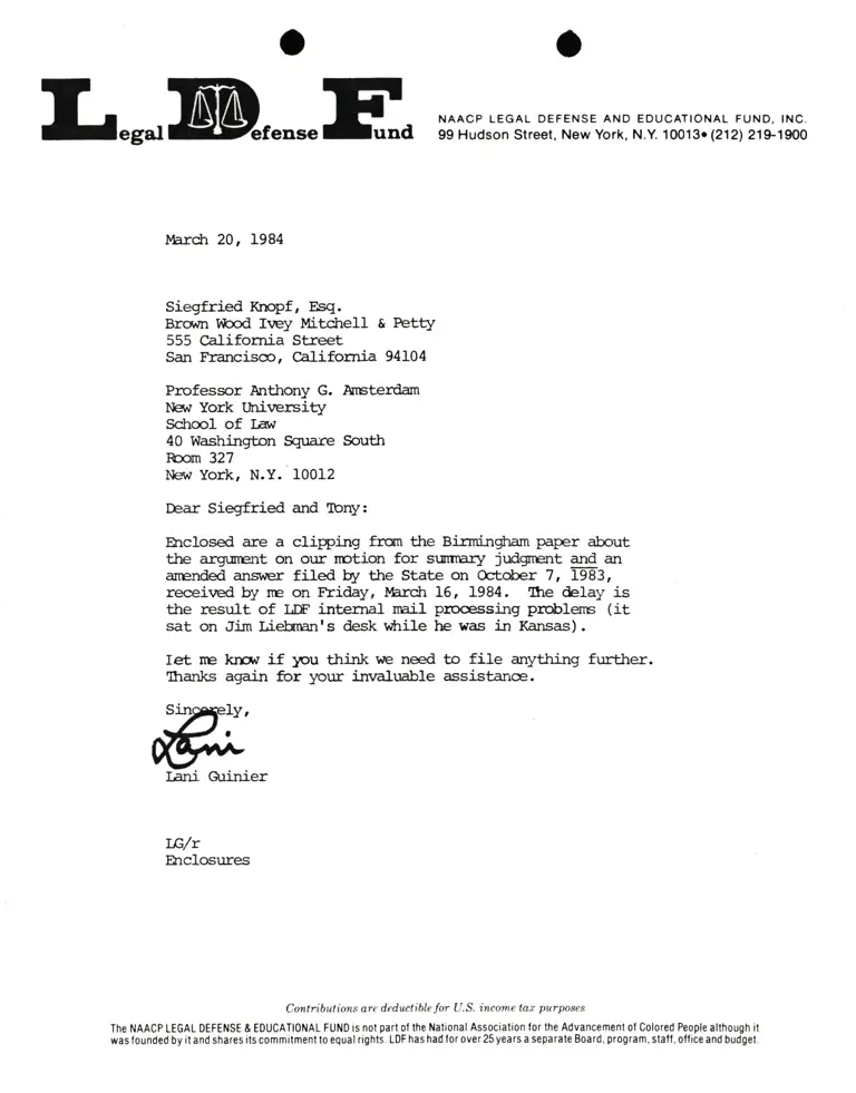Letter from Lani Guinier to Siegfried Knopf and Anthony Amsterdam preview