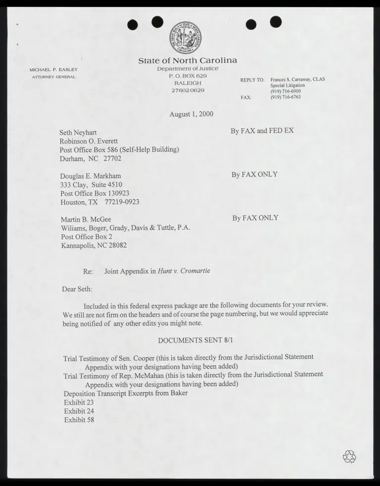 Correspondence from Carraway to Neyhart; Testimony Transcript Excerpts; Exhibits preview
