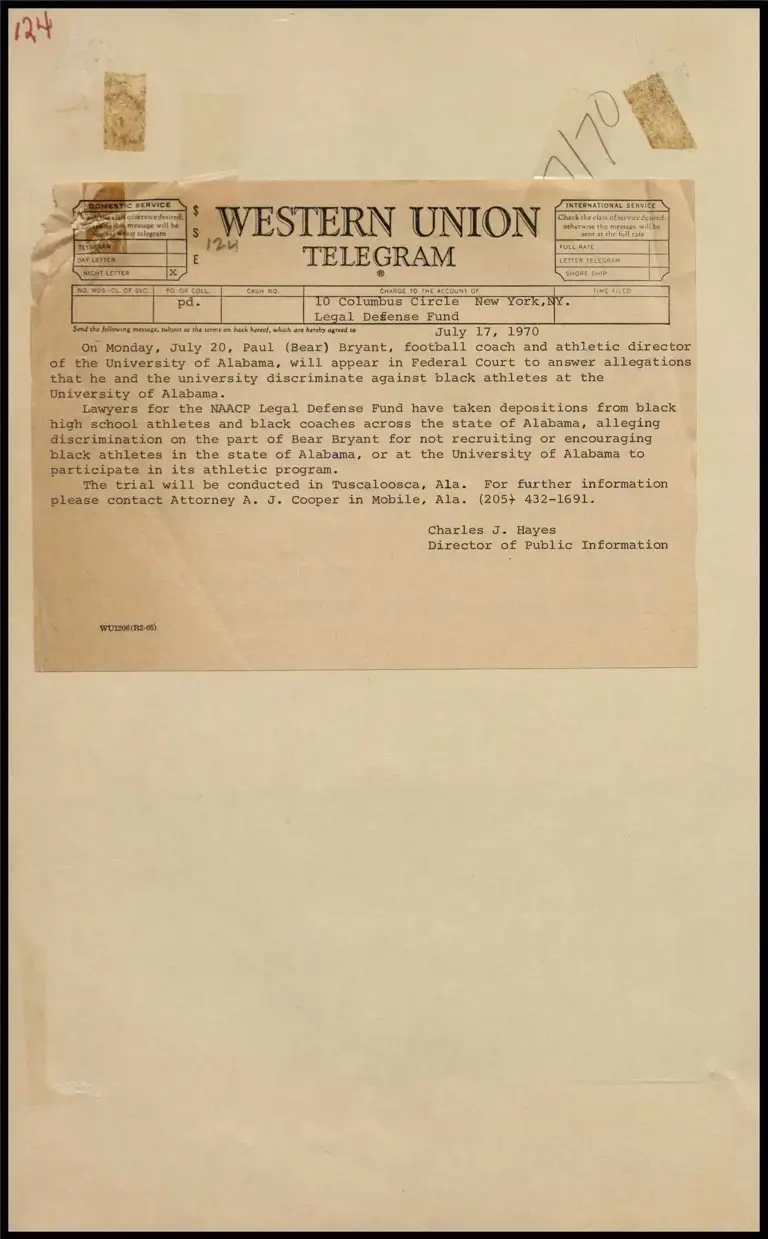 Paul Bryant, University of Alabama Football Coach, Discrimination Trial (Telegram) preview