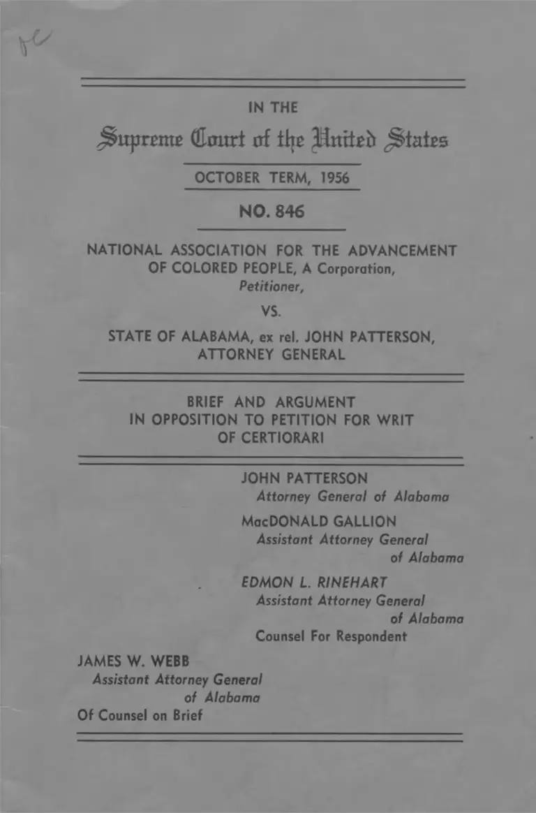 NAACP v. Alabama Brief and Argument in Opposition to Petition for Writ of Certiorari preview