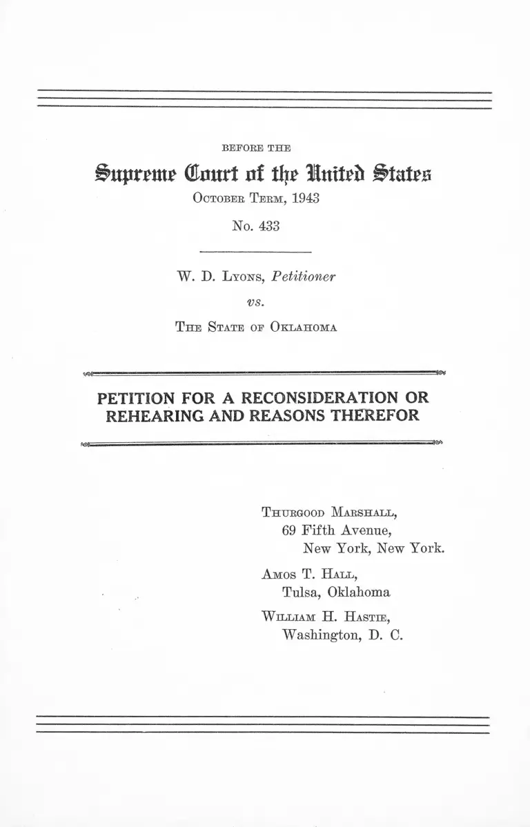 Lyons v The State of Oklahoma Petition for a Reconsideration or Rehearing and Reasons Therefor preview