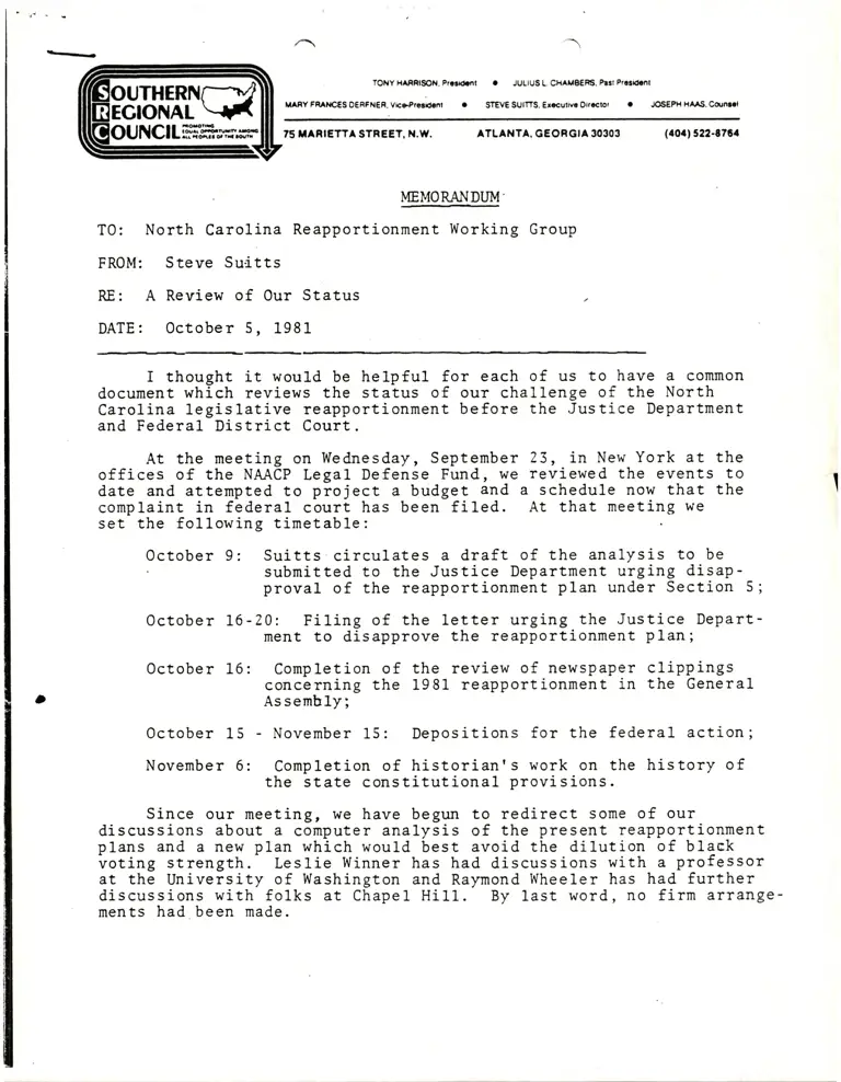 Memorandum from Suitts to North Carolina Reapportionment Group preview