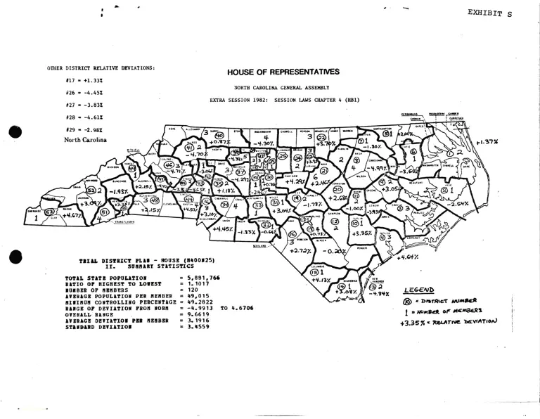 Map of House of Representatives Extra Session 1982: Session Laws Chapter 4 (HB1); Trial District Plan H400N25 List of Entities by District with Populations preview