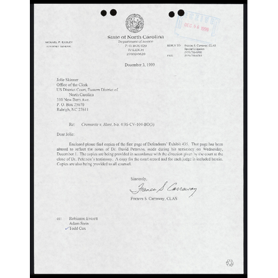 Letter to Court from Carraway RE: Copies of the first page of defendants' exhibit 435 preview