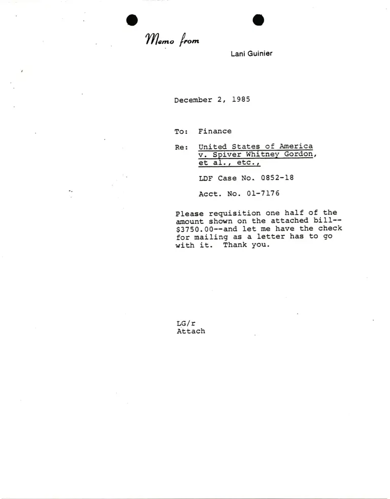 Memorandum from Lani Guinier to Finance Re United States v. Spiver Gordon preview