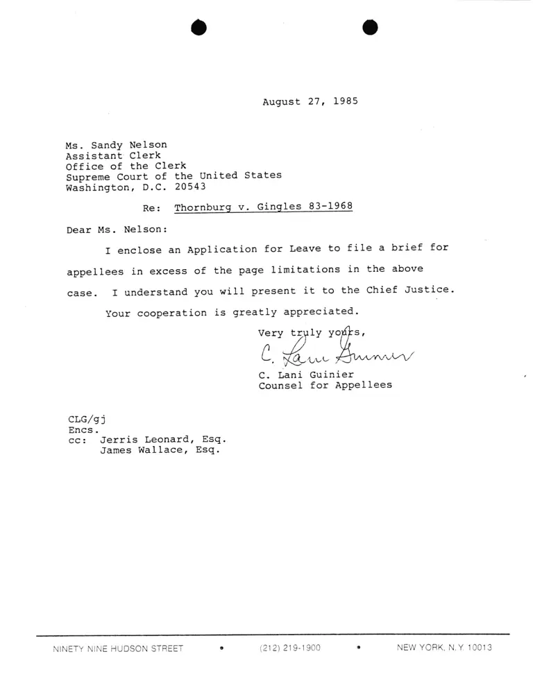 Correspondence from Lani Guinier to Sandy Nelson (Assistant Clerk) Re: Thornburg v. Gingles preview