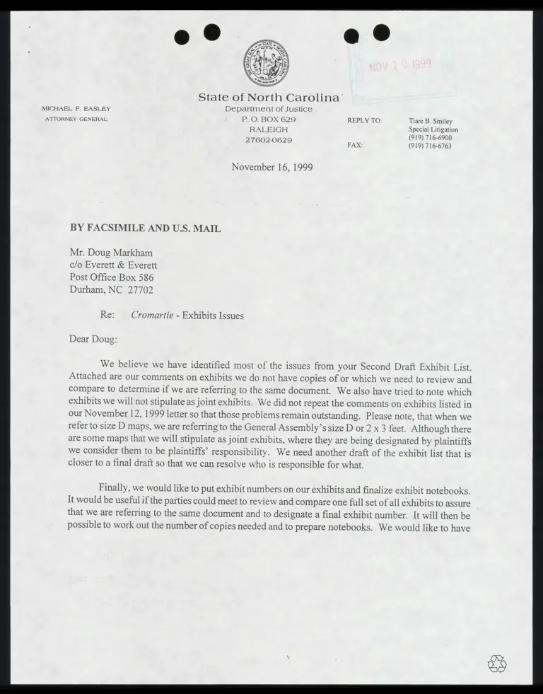 Letter to Markham from Smiley RE: Exhibits Issues preview