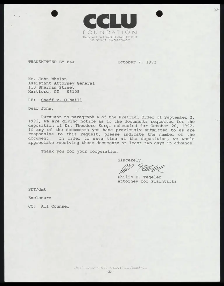 Letter to All Counsel RE: Documents Requested with Deposition Subpoena and Certificate of Service preview
