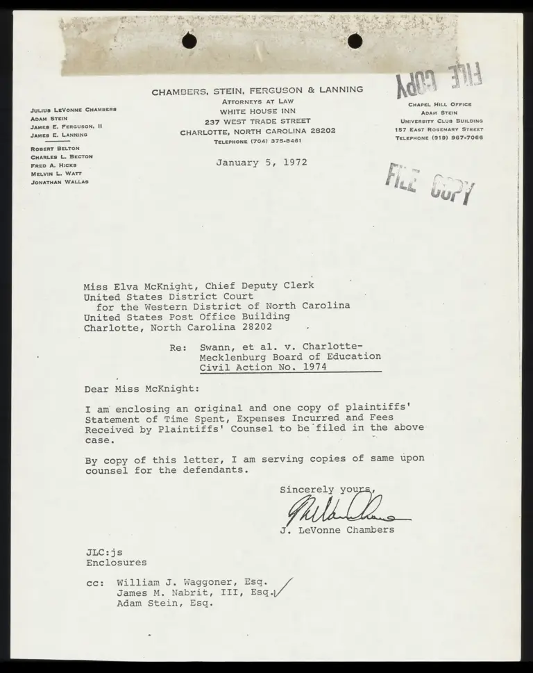 Correspondence from Chambers to Clerk Re: Statement of Time Spent and Expenses preview
