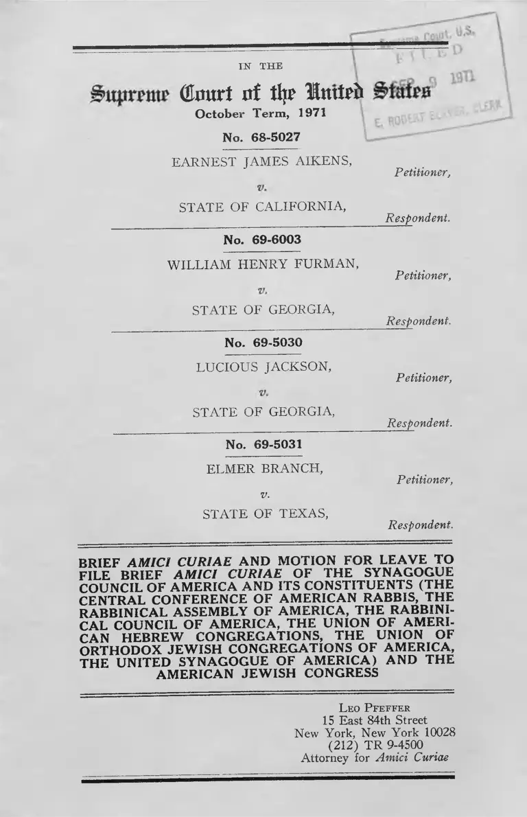 Furman v. Georgia Brief Amici Curiae and Motion for Leave to File Brief of the Synagogue Council of Americans and Its Constituents, et.al preview