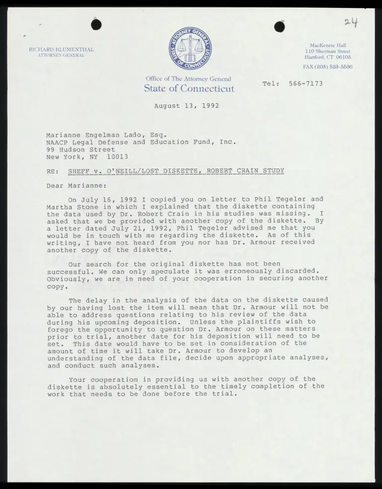 Correspondence from Whelan to Lado Re: Lost Diskette and Robert Crain Study preview