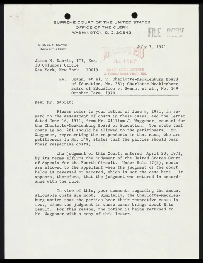 Correspondence from Clerk to Nabrit Re: Assessment of Costs preview