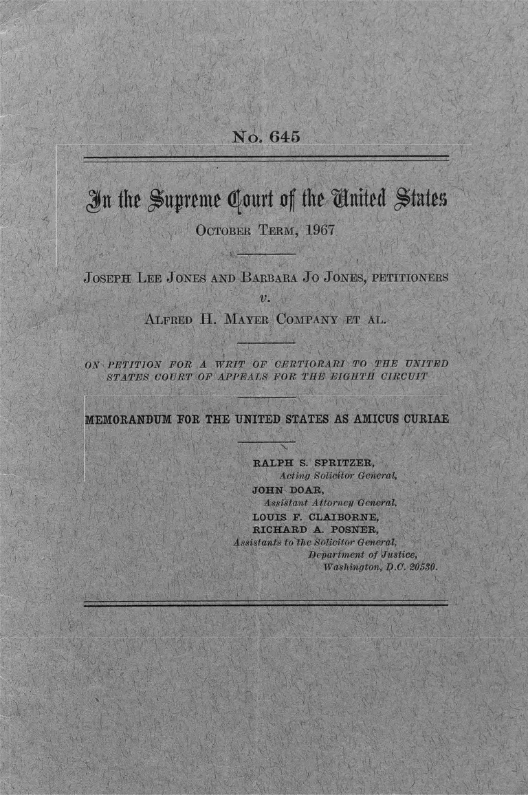 Jones v. Alfred H Mayer Company Memorandum for the United States as Amicus Curiae preview