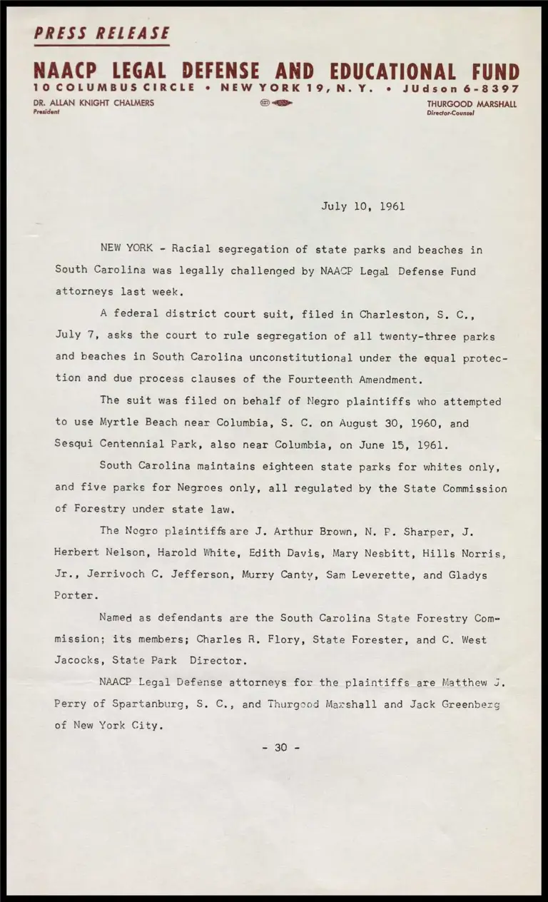 Racial segregation of state parks and beaches in South Carolina was legally challenged by NAACP Legal Defense Fund… preview