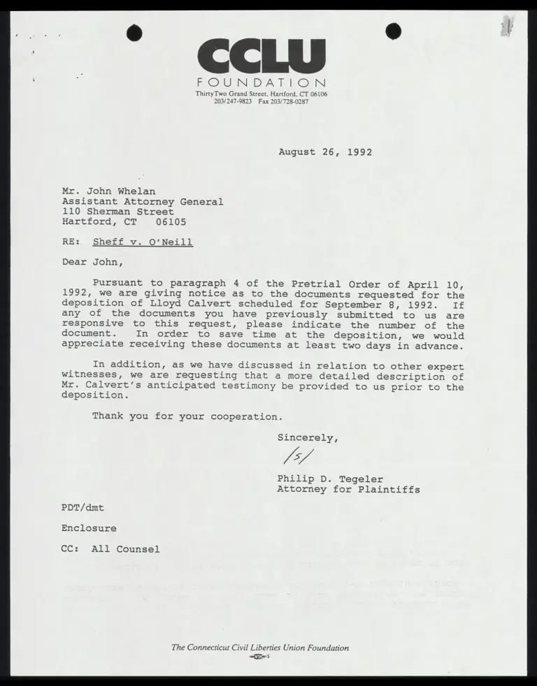 Letter to All Counsel RE: Documents Requested for Deposition of Lloyd Calvert with Attached Subpoena and Certificate of Service preview