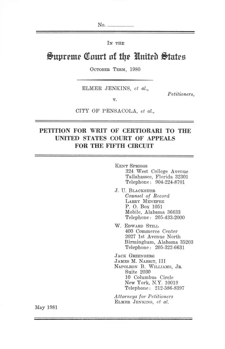 Jenkins v. City of Pensacola Petition for Writ of Certiorari to the US Court of Appeals for the Fifth Circuit preview