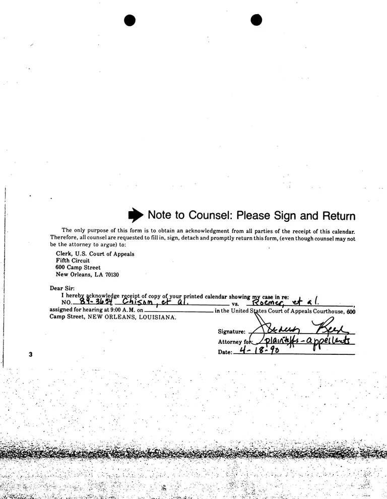Note to Counsel; Memorandum from Ganucheau (Clerk) to All Counsel; Order Granting Motion of Plaintiffs-Appellants; Dockett and Rules for Preparing Oral Argument in the Fifth Circuit preview