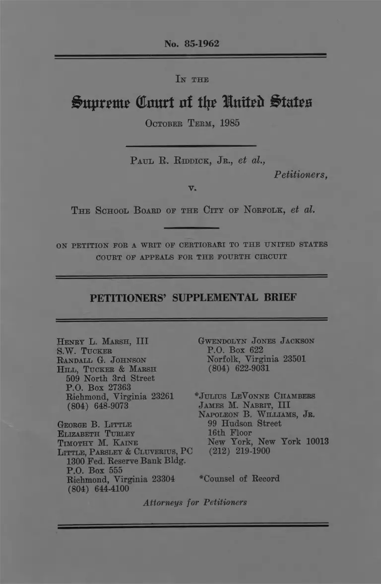 Riddick v The School Board of the City of Norfolk Petitioners Supplemental Brief preview