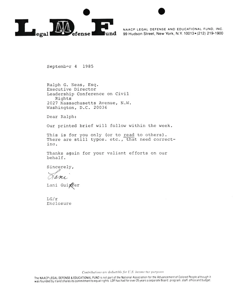 Correspondence from Lani Guinier to Ralph G. Neas, Esq. (Leadership Conference on Civil Rights) preview