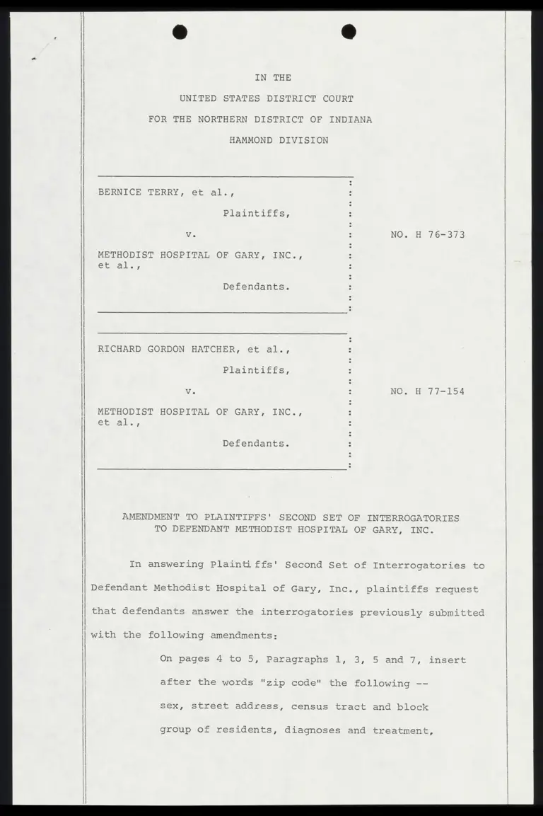 Amendment to Plaintiffs' Second Set of Interrogatories to Defendant Methodist Hospital of Gary, Inc. preview