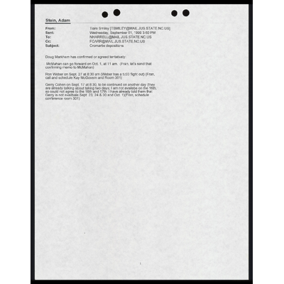 E-mail From Smiley to Stein RE: McMahan, Weber, and Cohen Depositions preview
