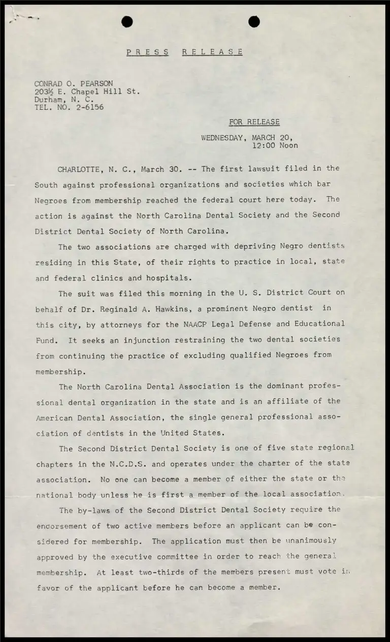 The first lawsuit filled in the South against professional organizations and societies which bar Negroes from membership reached the federal court here today. preview