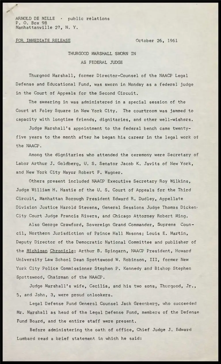 Thurgood Marshall Sworn in as Federal Judge preview