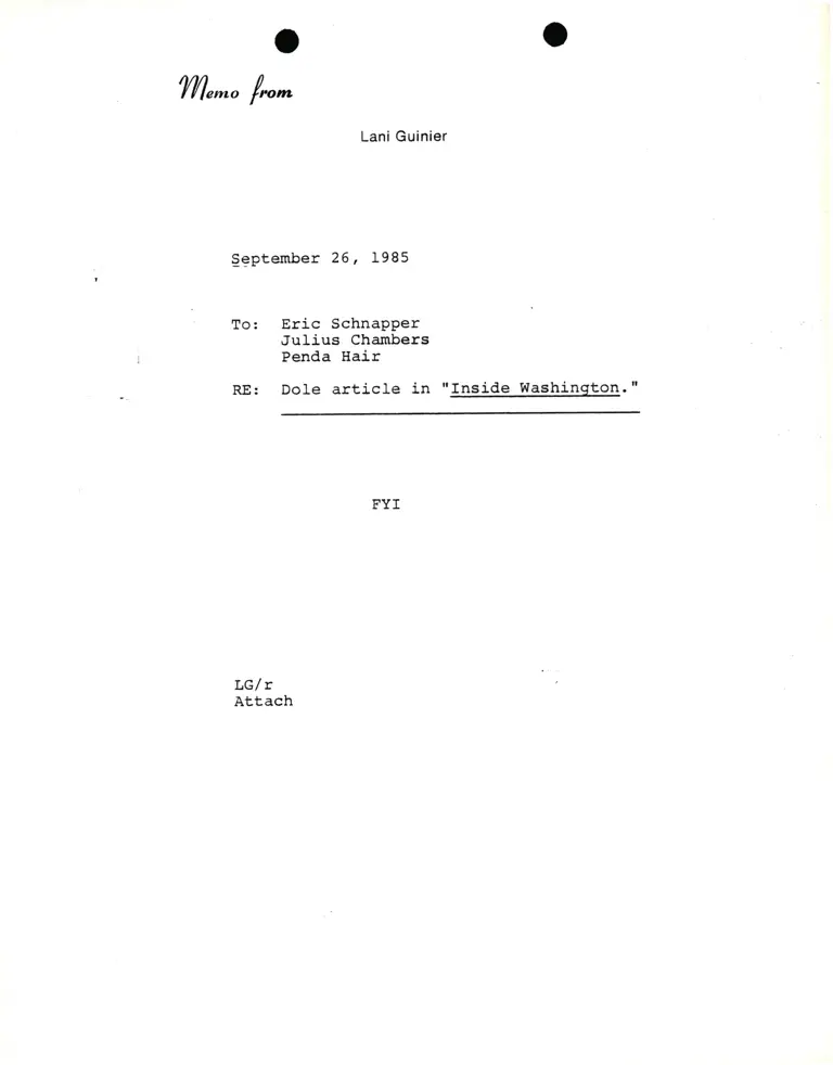 Memorandum from Lani Guinier to Eric Schnapper, Julius Chambers, and Penda Hair Re Dole Article in "Inside Washington" preview