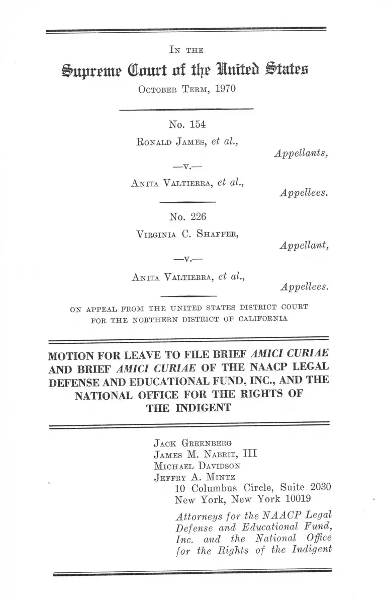 James v. Valtierra Motion for Leave to File Brief Amici Curiae and Brief Amici Curiae preview