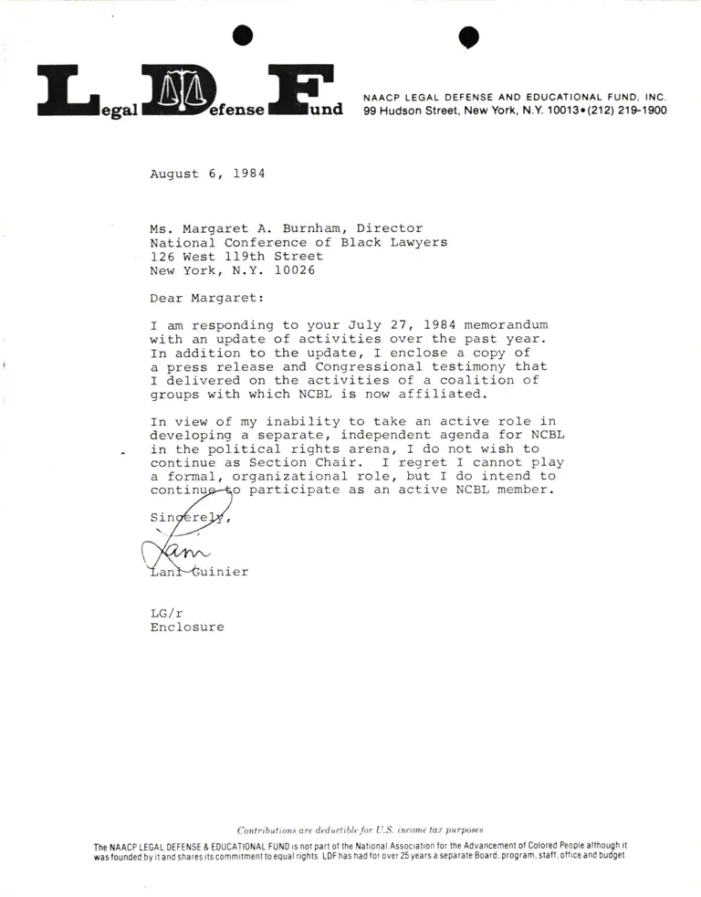 Letter from Lani Guinier to Margaret A. Burnham (National Conference of Black Lawyers) preview