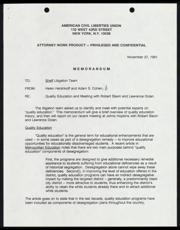 Memo from Hershkoff and Cohen to Counsel Re: Quality Education Meeting with Slavin and Dolan preview