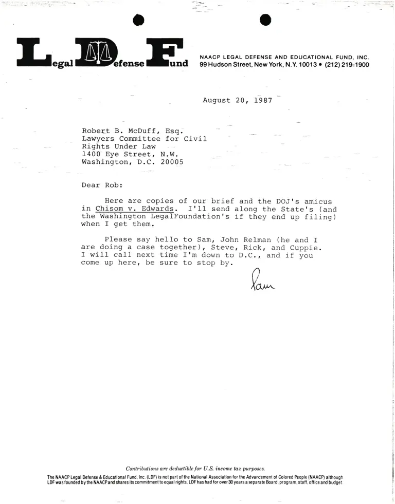 Correspondence from Pamela Karlan to Robert B. McDuff, Esq. Re Chisom v. Edwards preview