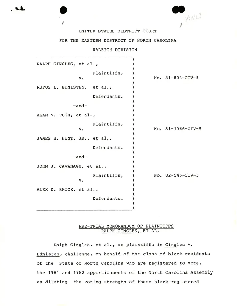 Pre-Trial Memorandum of Plaintiffs Ralph Gingles et. aI. preview