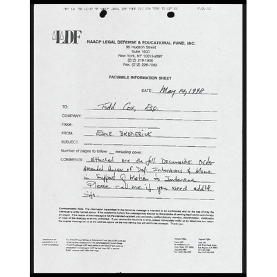 Fax From Broderick to Cox RE: Amended Answer of Defendant-Intervenors preview