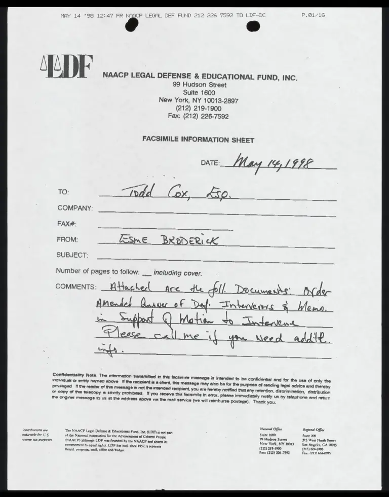 Fax From Broderick to Cox RE: Amended Answer of Defendant-Intervenors preview
