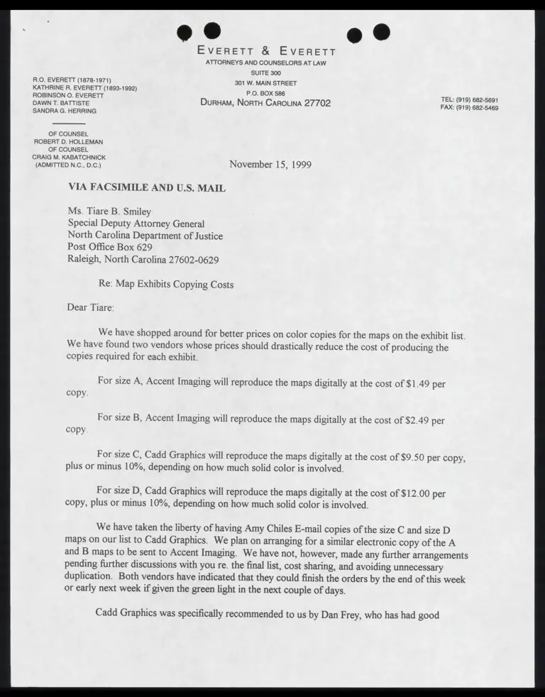 Letter to Smiley from Everett RE: Map exhibit copying costs preview
