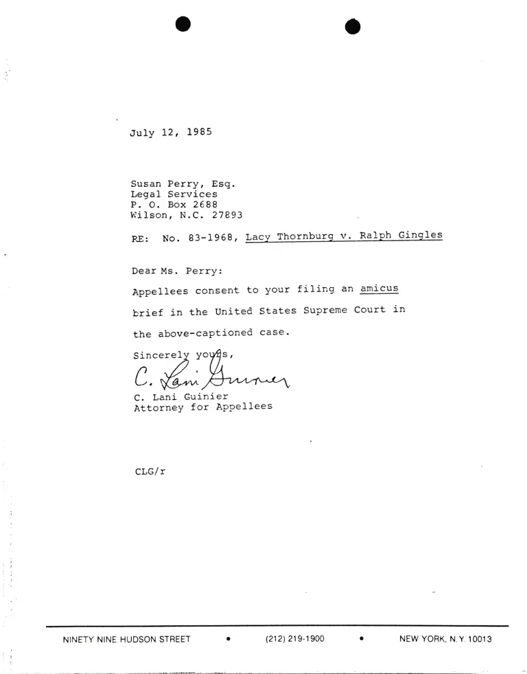 Correspondence from Lani Guinier to Susan Perry, Esq. Re Thornburg v. Gingles Amicus Brief preview