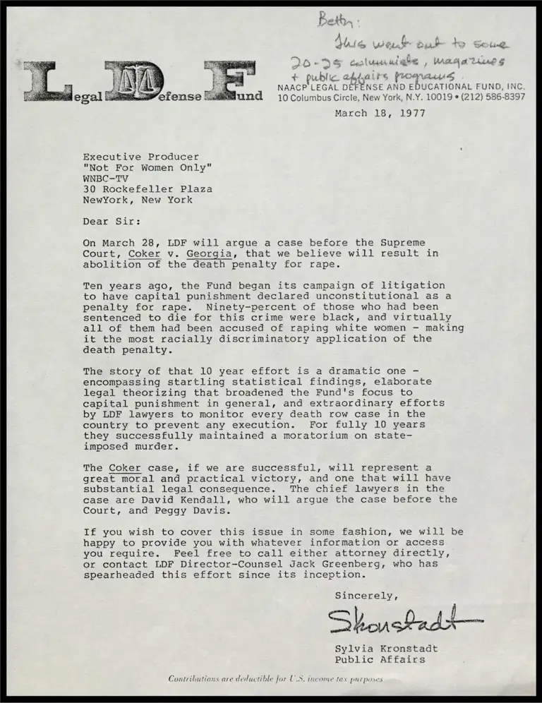 Letter from Public Affairs re Coker v. Georgia preview