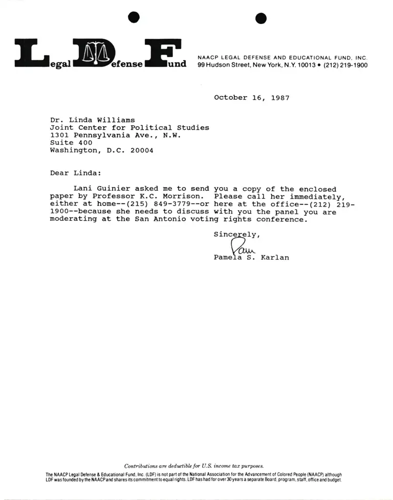 Correspondence from Pamela Karlan to Dr. Linda Williams (Joint Center for Political Studies) preview