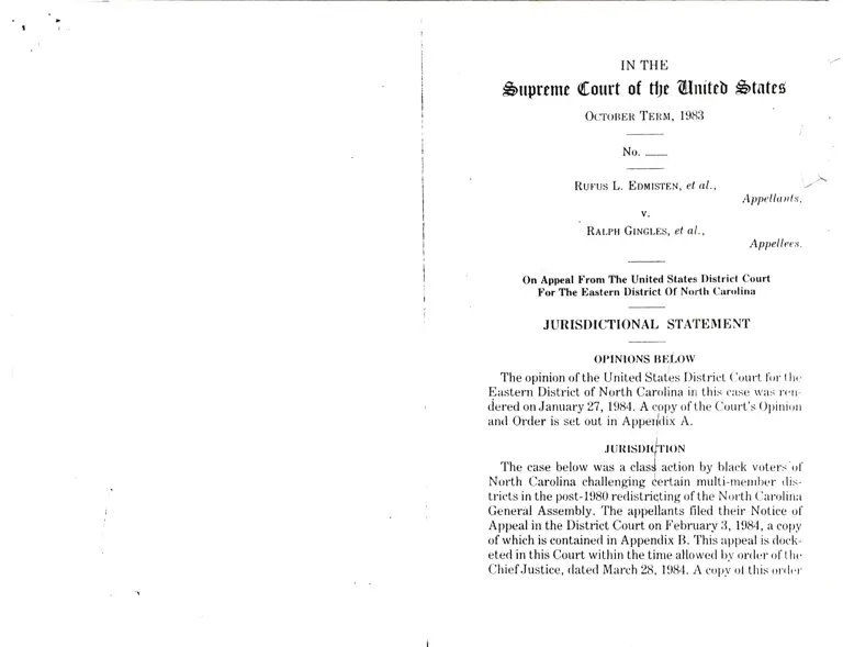 Edmisten v. Gingles Jurisdictional Statement; Order; Memorandum Opinion; Notice of Appeal to the Supreme Court of the United States preview