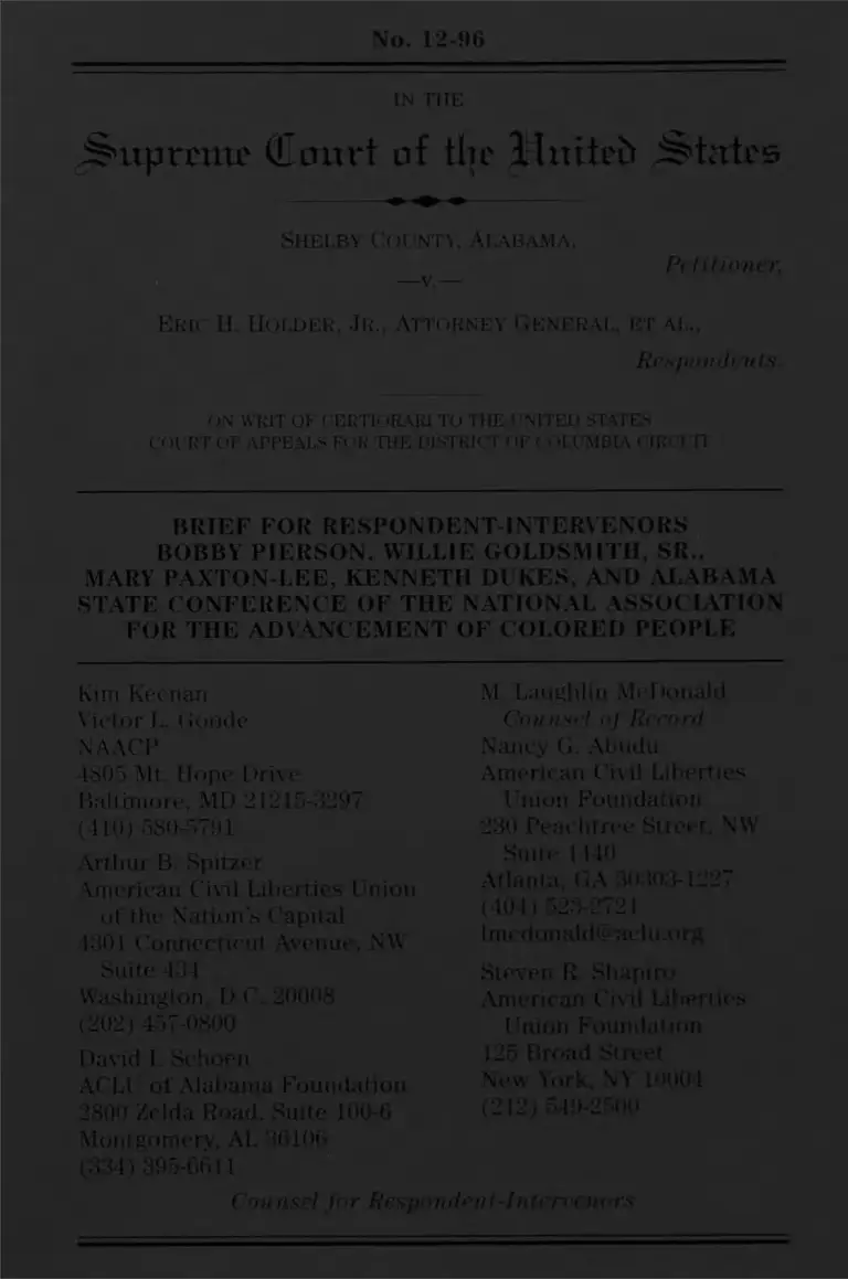 Shelby County v. Holder Brief for Respondent Intervenors preview
