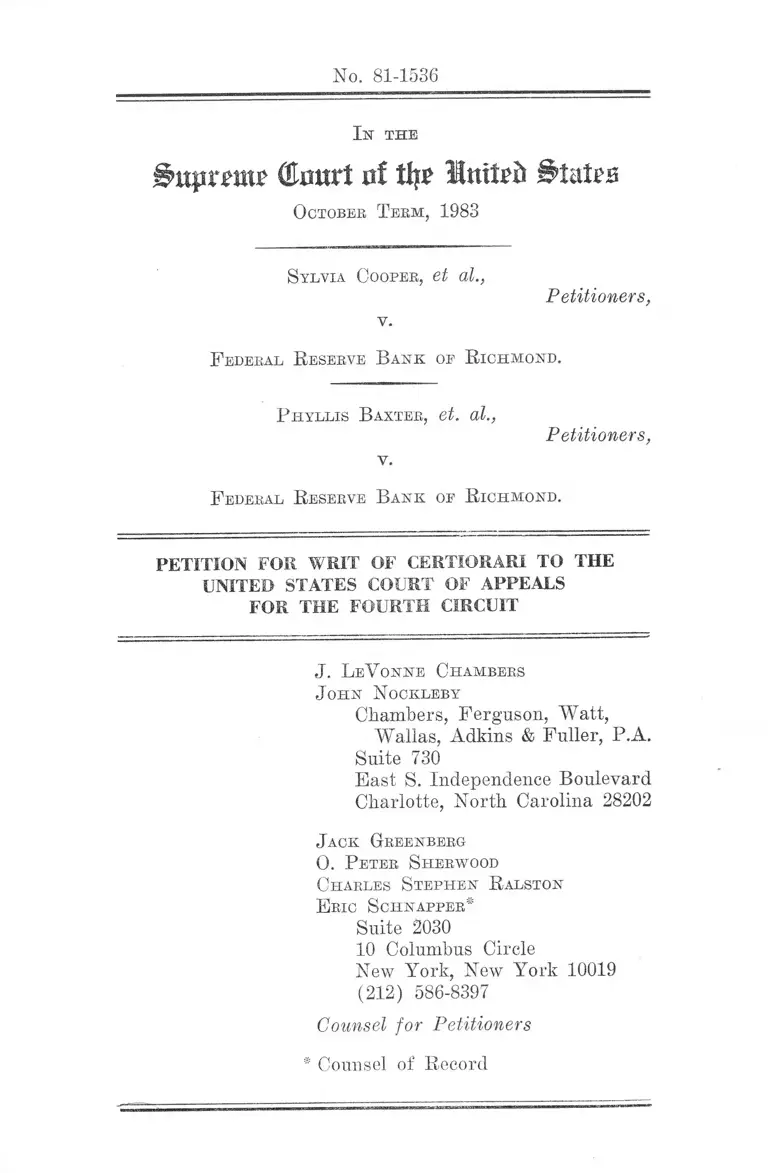 Cooper v. Federal Reserve Bank of Richmond Petition for Writ of Certiorari to the US Court of Appeals for the Fourth Circuit preview