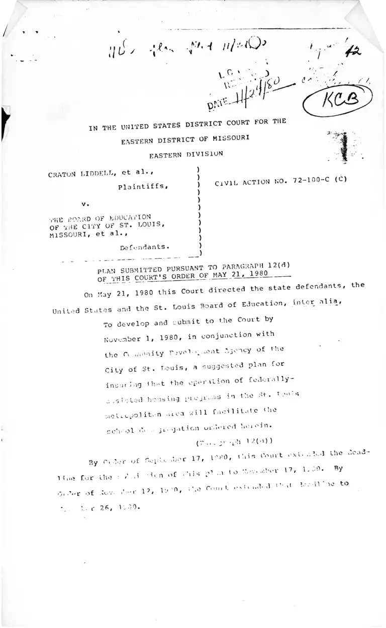 Liddell v. The Board of Education of the City of St. Louis, Missouri Plan Submitted Pursuant to Court Order preview