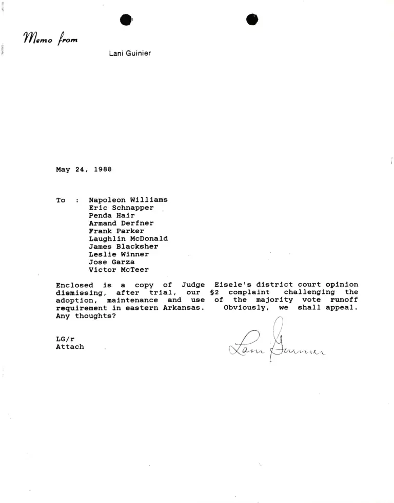 Correspondence from Lani Guinier to Williams, Schnapper, Hair, Derfner, Parker, McDonald, Blacksher, Winner, Garza, McTeer preview