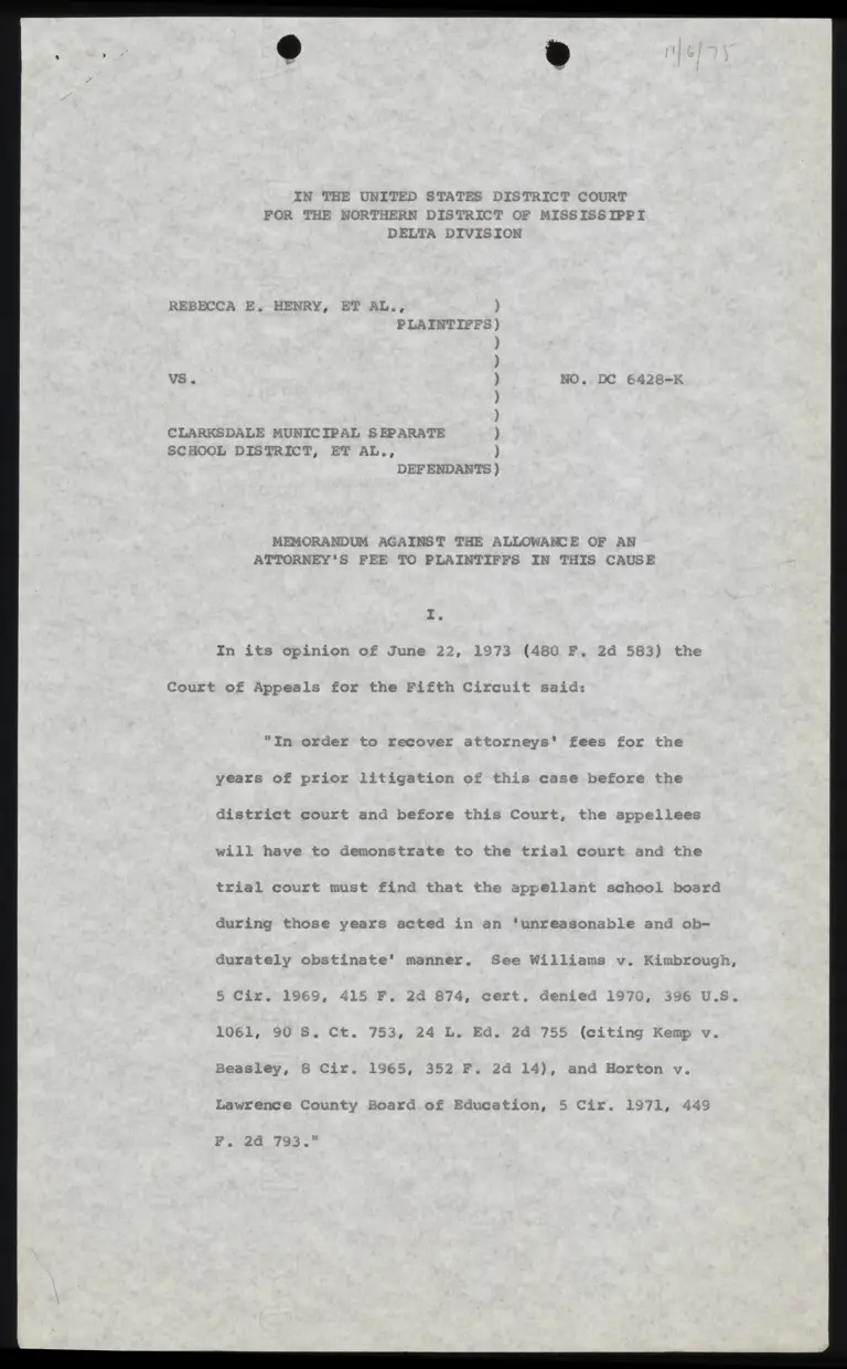 Memorandum Against the Allowance of an Attorney's Fee to Plaintiffs in This Cause preview
