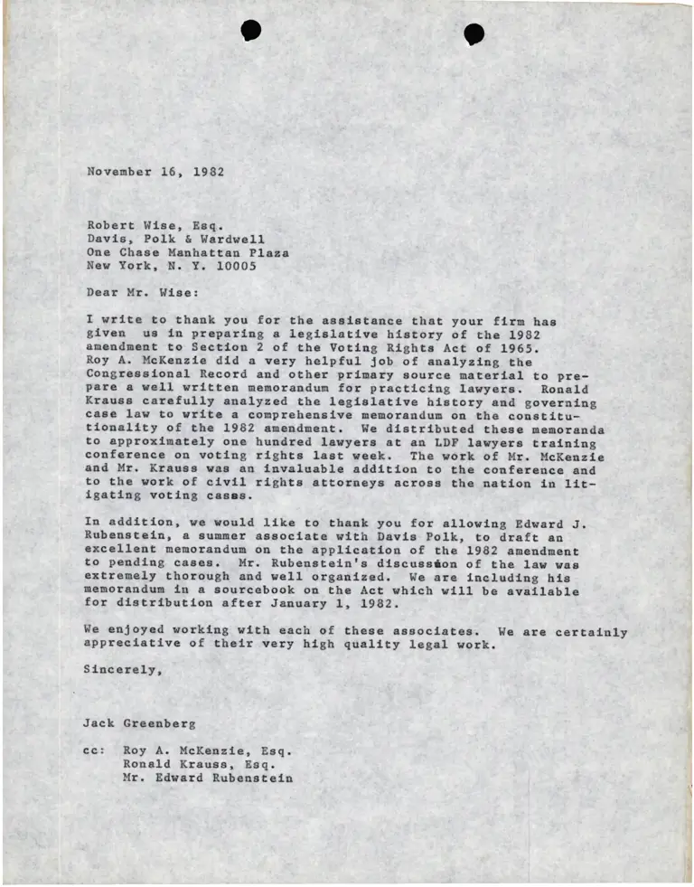 Memo from Lani Guinier to Jack Greenberg (Attachment: draft letter from Greenberg to Robert Wise) preview