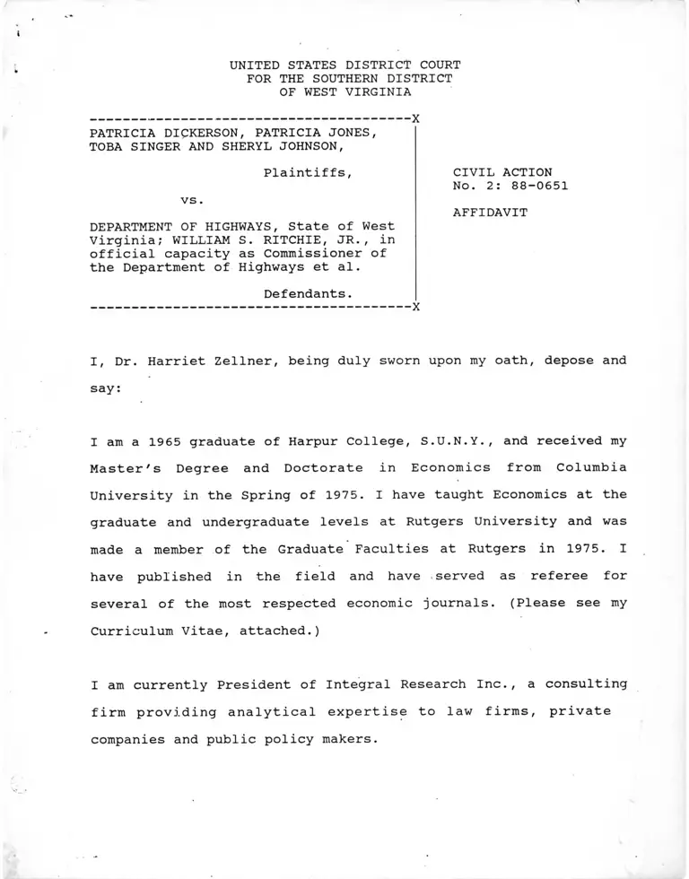 Dickerson v. Department of Highways Affidavit of Harriet Zellner preview