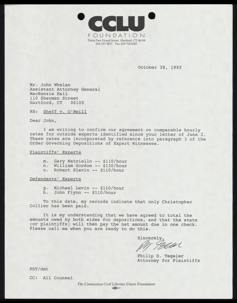 Correspondence from Tegeler to Whelan Re: Hourly Rates preview