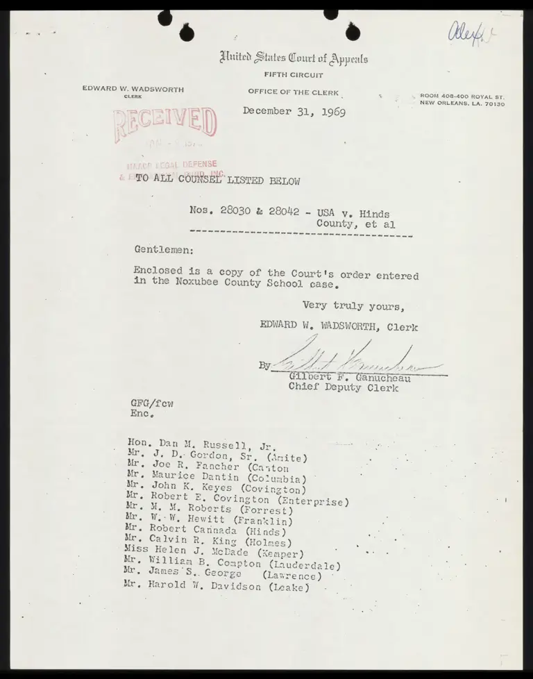 Correspondence from Clerk to All Counsel Re: Noxubee County School Order preview