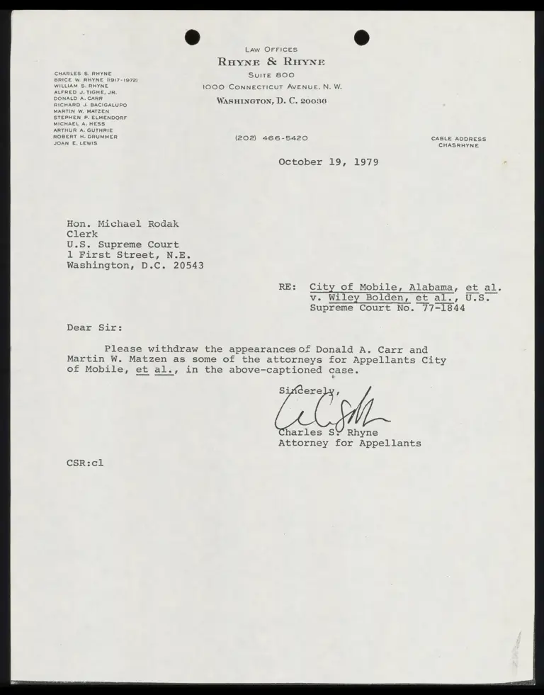 Correspondence from Rhyne to Clerk preview